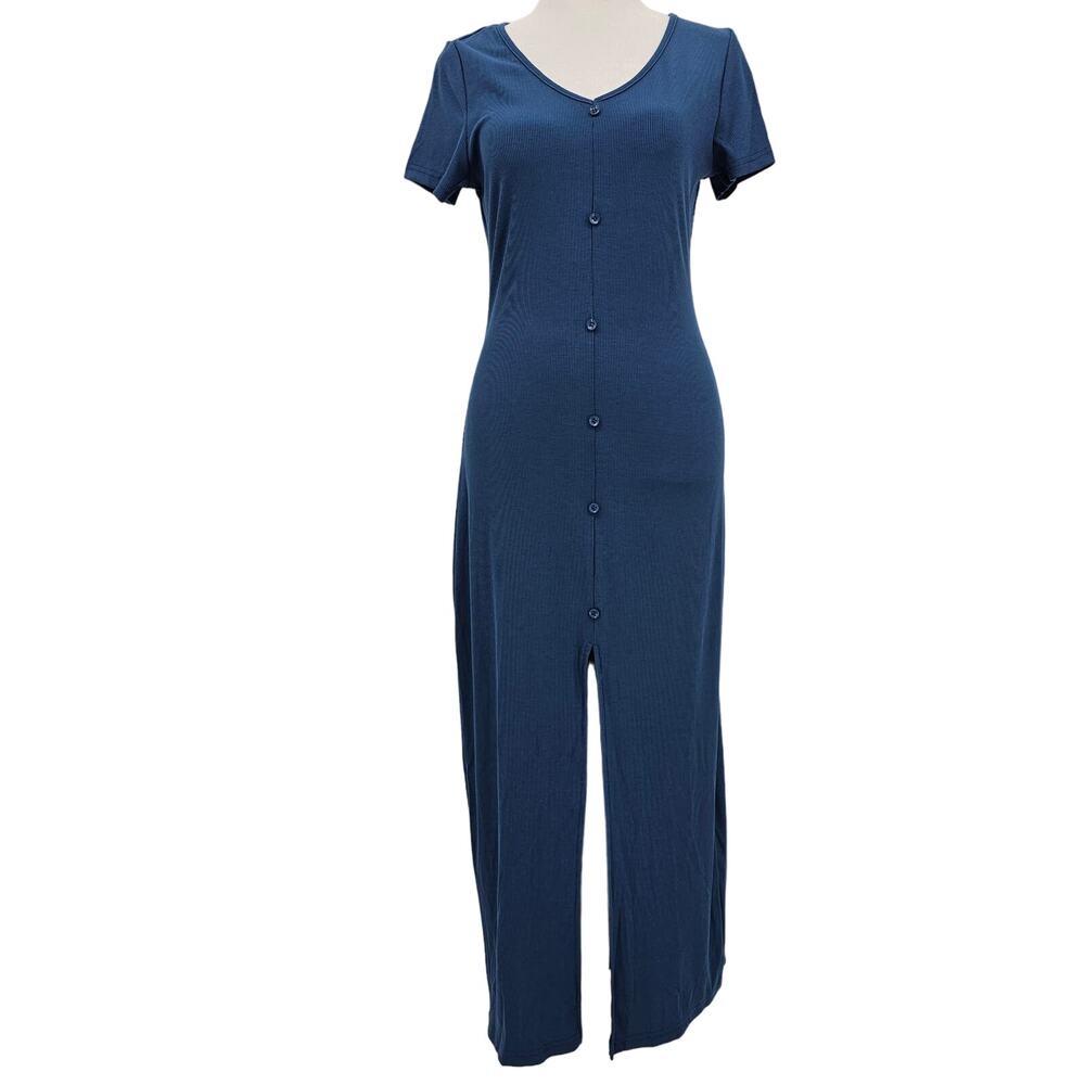 Halara Womans size S Ribbed Knit V-Neck Button Slit Midi Casual Dress Blue NEW